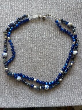 Bohemian theme 2-stranded faux pearl, blue bead & rock necklace w magnetic clasp